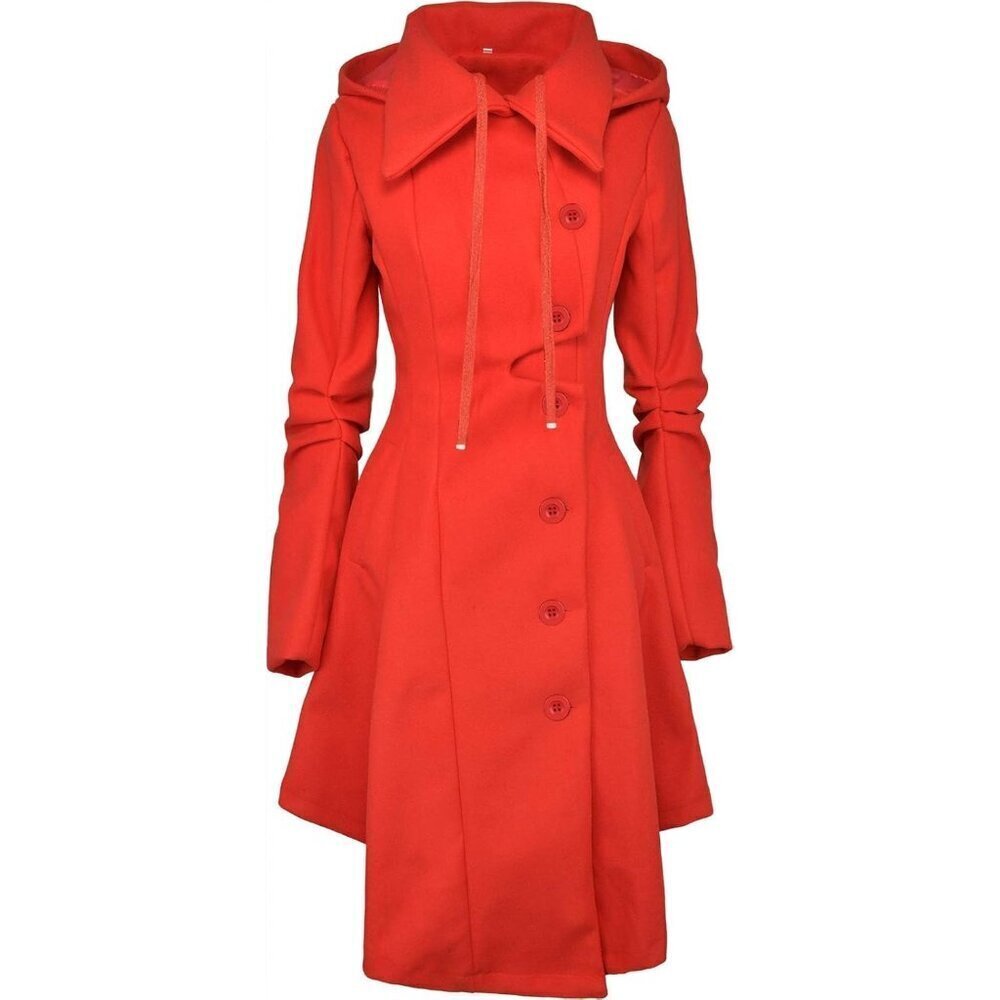 🆕Women Red Wool Winter Goth Lapel Peacoat Outwear Thick Hood Trench Coat